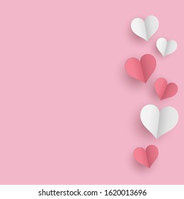 Valentine s day concept background. 3d red and white paper hearts on the pink background.