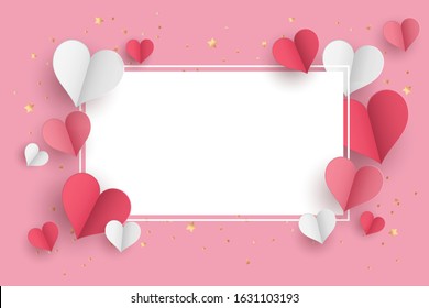 Valentine s day concept background. 3d red and pink paper hearts with white square frame. Cute love sale banner or greeting card