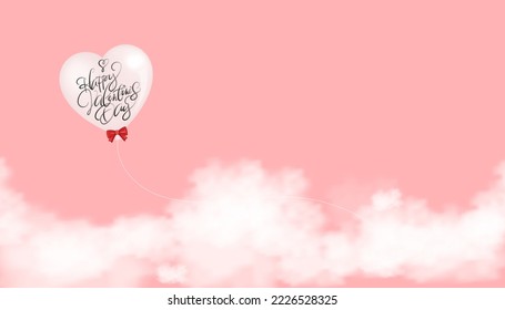 Concepto de San Valentín. Ilustración vectorial 3D Globo cardíaco volando sobre el cielo rosado y el fondo de la nube. Concepto de amor para la tarjeta de saludo de San Valentín