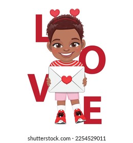 Valentine s day with curly hair American African little boy holding love letter cartoon character design vector