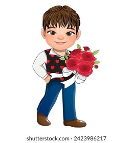 Valentine s Day with Cute Boy holding Bouquet of roses cartoon character vector illustration