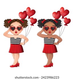 Día de San Valentín con chicas guapas con lentes cardíacos sosteniendo la ilustración de un personaje de dibujos animados con globo cardíaco