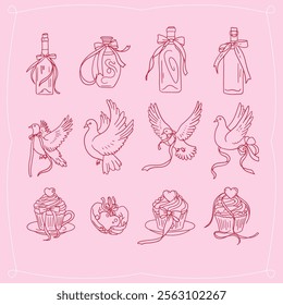 Valentine s Day cute linear clipart collection. Pink girly coquette y2k aesthetic set, coquette vintage wine bottles, doves and cup cakes. Lovely cute linear doodle Vector illustration