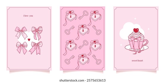 Valentine s Day cute minimalistic greeting cards collection. Pink girly coquette y2k aesthetic set, elegant vintage accessory. Lovely cute red contoured pink ribbon, bow, coffee. Vector illustration