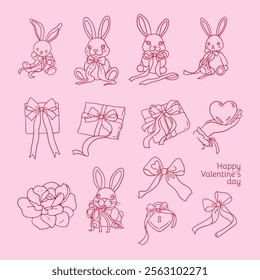 Valentine s Day cute set of bunnies, rabbits, love letters, hearts, bows, flower. Pink girly coquette y2k aesthetic collection, elegant vintage linear elements. Vector hand drawn illustration