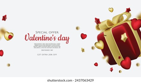 Valentine s day design. Realistic red gifts boxes. Holiday banner, web poster, flyer, stylish brochure, greeting card, cover.