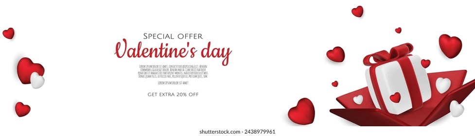 Valentine s day design. Realistic red gifts boxes. Holiday banner, web poster, flyer, stylish brochure, greeting card, cover.
