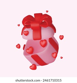 Valentine s day design. Realistic gifts boxes. Open gift box full of decorative festive object. Holiday banner, web poster, flyer, stylish brochure, greeting card, cover. Romantic background