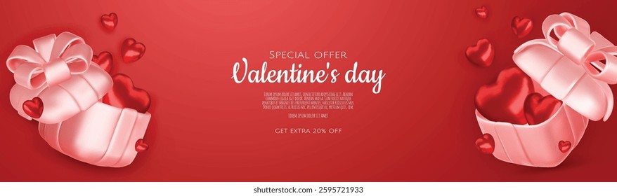 Valentine s day design. Realistic gifts boxes. Open gift box full of decorative festive object. Holiday banner, web poster, flyer, stylish brochure, greeting card, cover. Romantic background