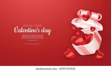 Valentine s day design. Realistic gifts boxes. Open gift box full of decorative festive object. Holiday banner, web poster, flyer, stylish brochure, greeting card, cover. Romantic background