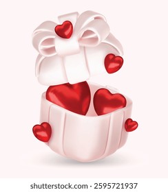 Valentine s day design. Realistic gifts boxes. Open gift box full of decorative festive object. Holiday banner, web poster, flyer, stylish brochure, greeting card, cover. Romantic background