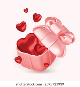 Valentine s day design. Realistic gifts boxes. Open gift box full of decorative festive object. Holiday banner, web poster, flyer, stylish brochure, greeting card, cover. Romantic background