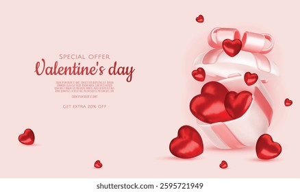 Valentine s day design. Realistic gifts boxes. Open gift box full of decorative festive object. Holiday banner, web poster, flyer, stylish brochure, greeting card, cover. Romantic background