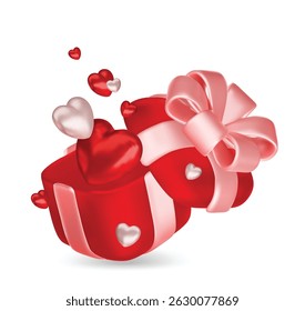 Valentine s day design. Realistic gifts boxes. Open gift box full of decorative festive object. Holiday banner, web poster, flyer, stylish brochure, greeting card, cover. Romantic background