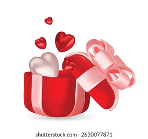Valentine s day design. Realistic gifts boxes. Open gift box full of decorative festive object. Holiday banner, web poster, flyer, stylish brochure, greeting card, cover. Romantic background