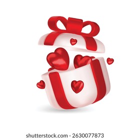 Valentine s day design. Realistic gifts boxes. Open gift box full of decorative festive object. Holiday banner, web poster, flyer, stylish brochure, greeting card, cover. Romantic background