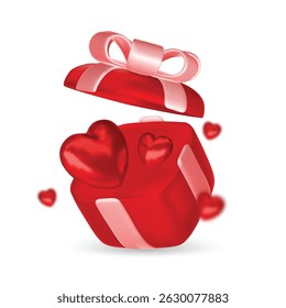 Valentine s day design. Realistic gifts boxes. Open gift box full of decorative festive object. Holiday banner, web poster, flyer, stylish brochure, greeting card, cover. Romantic background