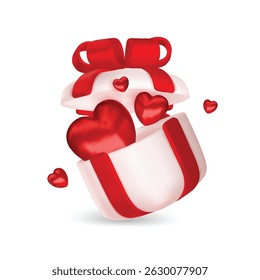 Valentine s day design. Realistic gifts boxes. Open gift box full of decorative festive object. Holiday banner, web poster, flyer, stylish brochure, greeting card, cover. Romantic background
