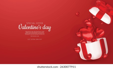 Valentine s day design. Realistic gifts boxes. Open gift box full of decorative festive object. Holiday banner, web poster, flyer, stylish brochure, greeting card, cover. Romantic background