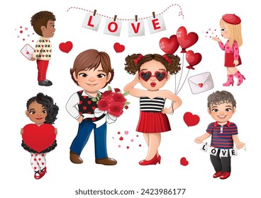 Valentine s Day with Diverse Boys and Girls have Different Valentine Activity Cartoon Vector