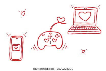 Valentine s Day Doodle Icon Set. Smartphone with a heart notification, laptop screen showing a heart icon, gaming controller with heart buttons. Love themed designs, web, cards, stickers