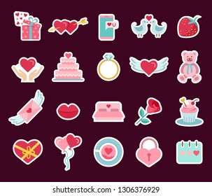 Valentine s Day flat icons set. Present, Balloons, Gift, Cupcake, Love Letter, Balloons, Wingerd heart, Diamond ring, Birds, Wedding Cake Colored Love stickers Vector illustration