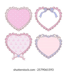 Valentine s day frames collection with hand drawn whimsical heart frames in coquette style  graphic set light pink pastel color style vector