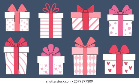 Valentine s day gift boxes set. Collection of decorative romantic gifts for holidays. Flat illustration. Dark background.