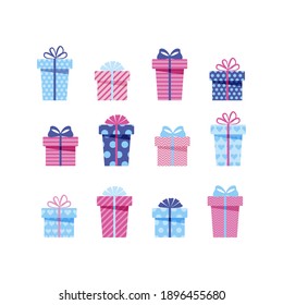 Valentine s Day gift collection, set of different boxes with ribbons. Vector illustration in flat style