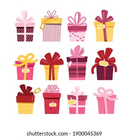 Valentine s Day gift collection, set of different boxes. Vector illustrations in flat style