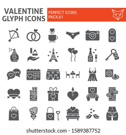 Valentine s day glyph icon set, wedding day symbols collection, vector sketches, logo illustrations, love signs solid pictograms package isolated on white background, eps 10
