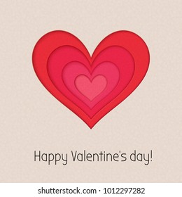 Valentine s day greeting card. Vector background in paper art style with red hearts