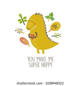 Valentine\
's Day greeting card with cute cartoon dinosaur holding a heart. Vector illustration.