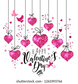 Valentine s day greeting card set with hearts. Glitter, black, pink, white colors. Design for valentine and wedding. Miss you. Be mine. Lettering.