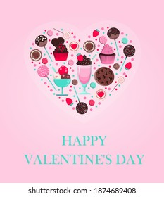 Valentine s day greeting card with hearts and love wishes. Flat vector illustration for sale, online store, delivery of goods for the holiday. Invitation flyer in pink, red, and blue. Images with a