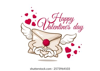 valentine 's day greeting card with cute cartoon character envelope. vector illustration