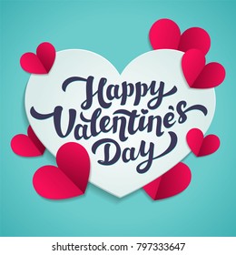 Valentine s Day greeting card. 14th of february. Happy Valentines Day Lettering with cut paper hearts on blue background. abstract background. Vector illustration.