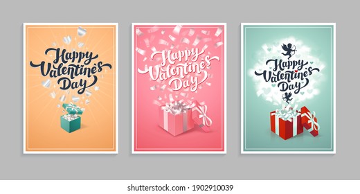 Valentine s day greeting cards - set of love day vector cards or posters in different background colors. Vector illustration