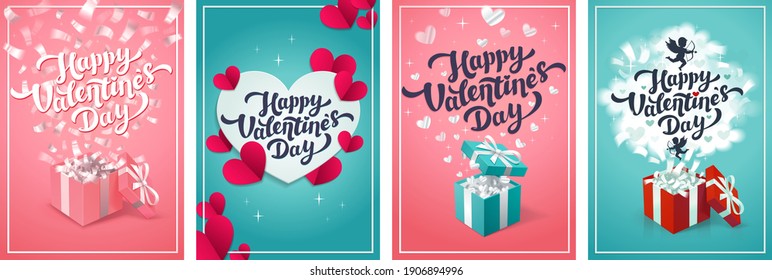 Valentine s day greeting cards - set of love day vector cards or posters. Vector illustration