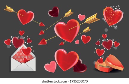 Valentine s day greeting vector set. Collection with romantic elements cupid golden arrow hearts heart gift box envelope arrow wind. Isolated