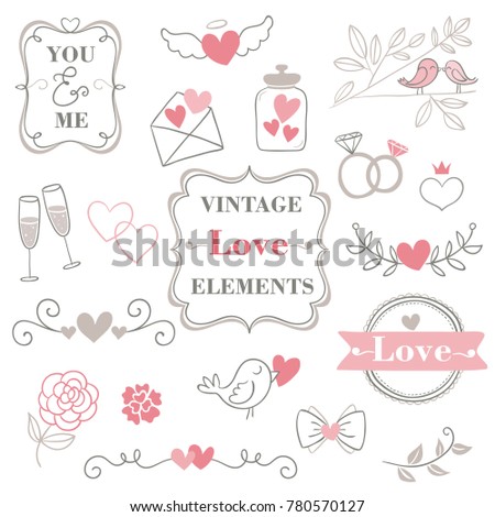 Valentine s day hand drawn calligraphy and illustration vector set