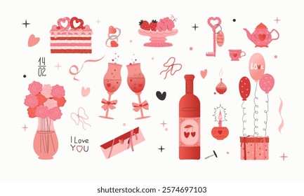 Valentine s Day hand-drawn elements set. Vintage vector illustration in the form of doodles. The 14th of February. Gift, cake, champagne, wine glasses, roses, strawberries, grapes,hearts