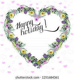 Valentine s Day heart shaped floral wreath with greeting lettering and hearts on white background