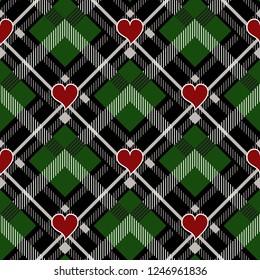 Valentine s Day Hipster Style Tartan and Buffalo Check Plaid Vector Patterns Black and green with Red Hearts, Pattern Tile Swatches Included. eps10