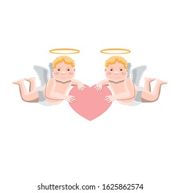 Valentine s day illustration two little Cupid angels holding a heart in their hands on a white isolated background. Vector image. Cartoon eps 10