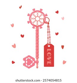 Valentine s Day key with Love keychain. A pink key with the inscription The key to my heart on the keychain. The key is surrounded by a lot of hearts, a Valentine s Day gift. Isolated white background