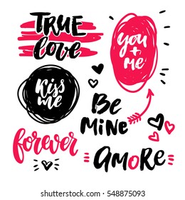 Valentine s Day lettering vector set. Isolated handwriting calligraphy love quotes and inscriptions Doodle drawings Modern romantic design elements for holiday card, gift tag, banner, poster, postcard