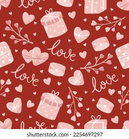 Valentine s day. love concept cute vector illustration seamless pattern with hearts, love, flowers, envelope, arrows, cup of coffee and cupcakes.