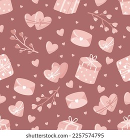 Valentine s day. love concept cute vector illustration seamless pattern with hearts, love, flowers, envelope, arrows, cup of coffee and cupcakes.