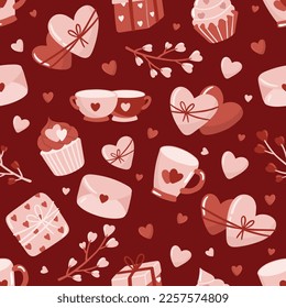 Valentine s day. love concept cute vector illustration seamless pattern with hearts, love, flowers, envelope, arrows, cup of coffee and cupcakes.